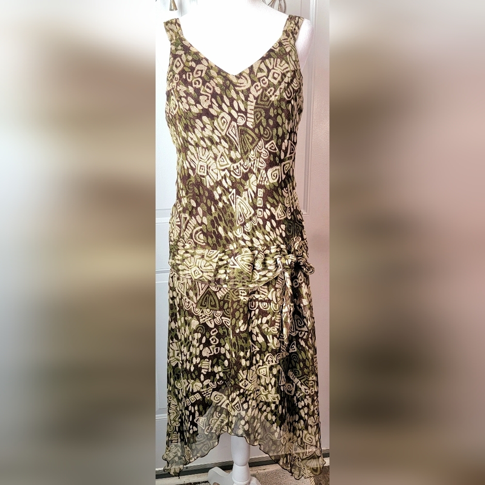 90s Y2K Vintage 100% Silk Asymetric Midi Dress Womens 6 Olive Brown Tribal Print